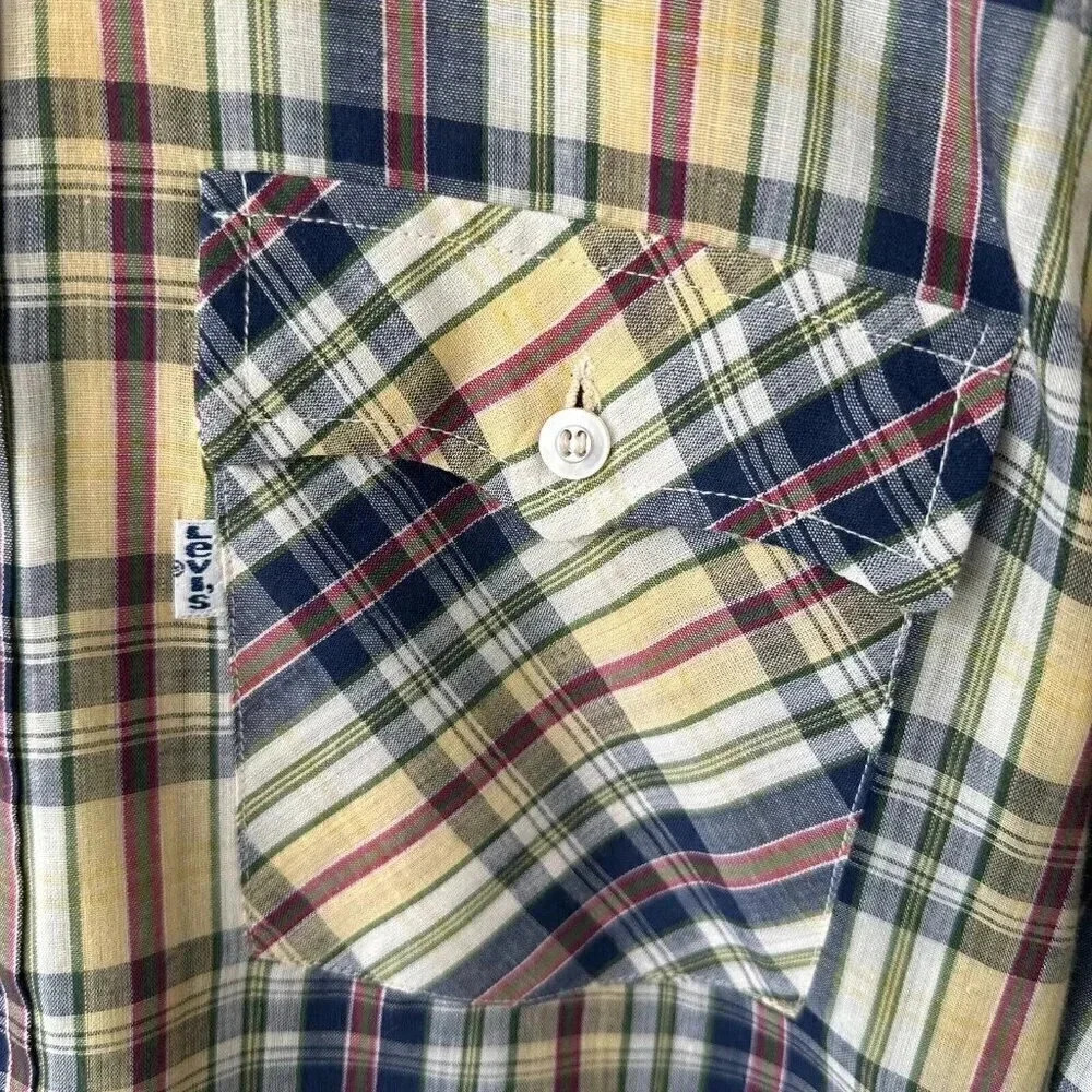 Vintage LEVI'S Shirt Mens S / M Long Sleeve Yellow Blue Plaid 70s 80s Button Up - Picture 5 of 11